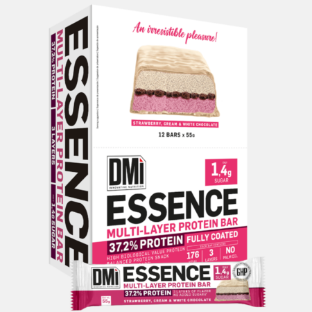 P-Essence Multi-layer Protein bar Strawberry, cream & white chocolate – 12x55g – DMI Nutrition